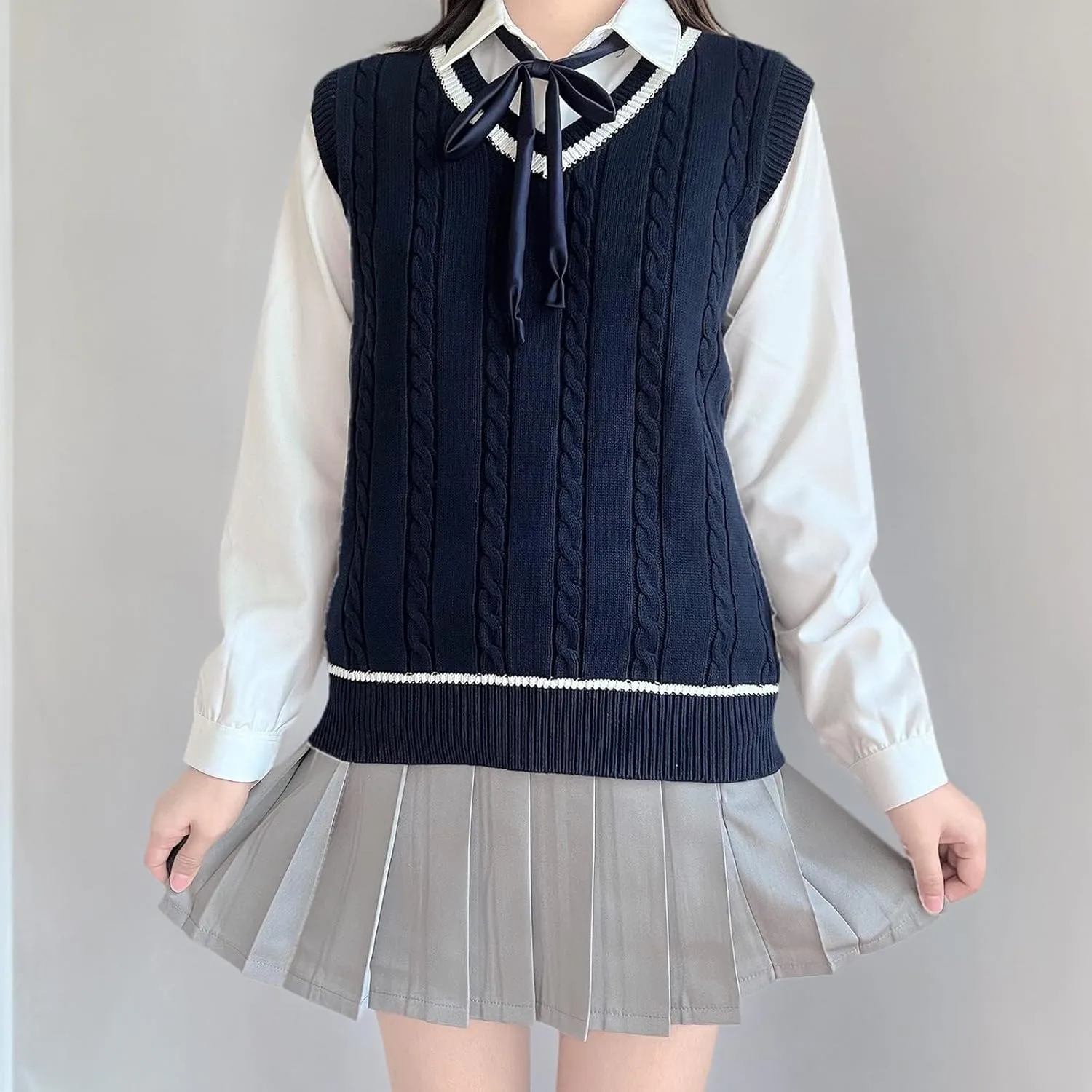 Blostirno Womens Sweater Vest V Neck JK Uniform Kint Vests Solid Classic Sleeveless Pullover Sweaters Tops