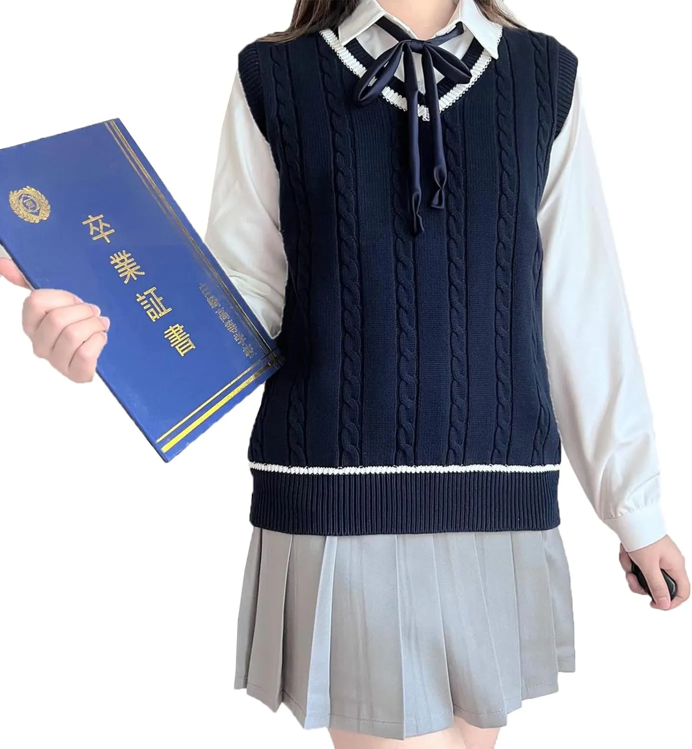 Blostirno Womens Sweater Vest V Neck JK Uniform Kint Vests Solid Classic Sleeveless Pullover Sweaters Tops
