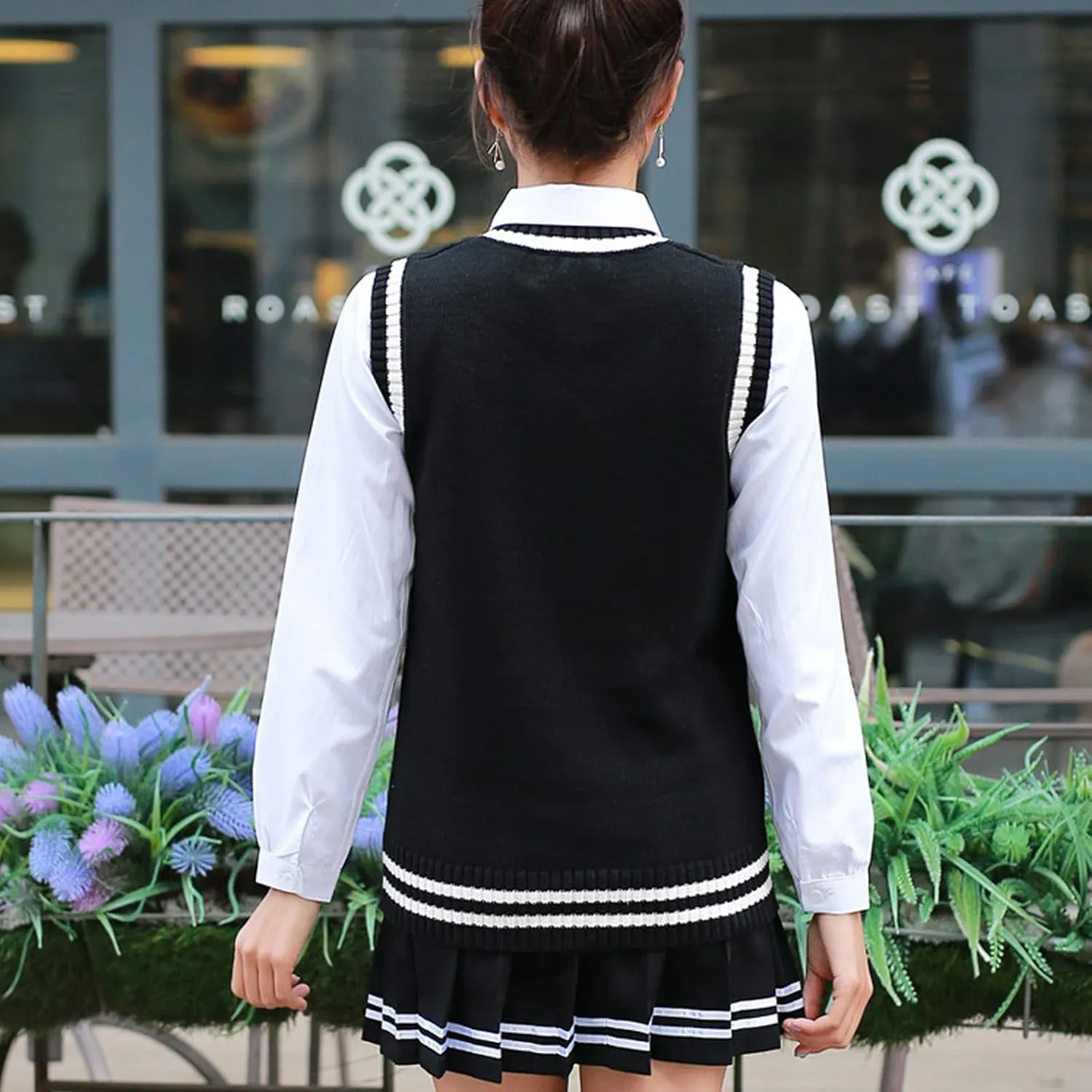 Blostirno Womens Sweater Vest V Neck JK Uniform Kint Vests Solid Classic Sleeveless Pullover Sweaters Tops