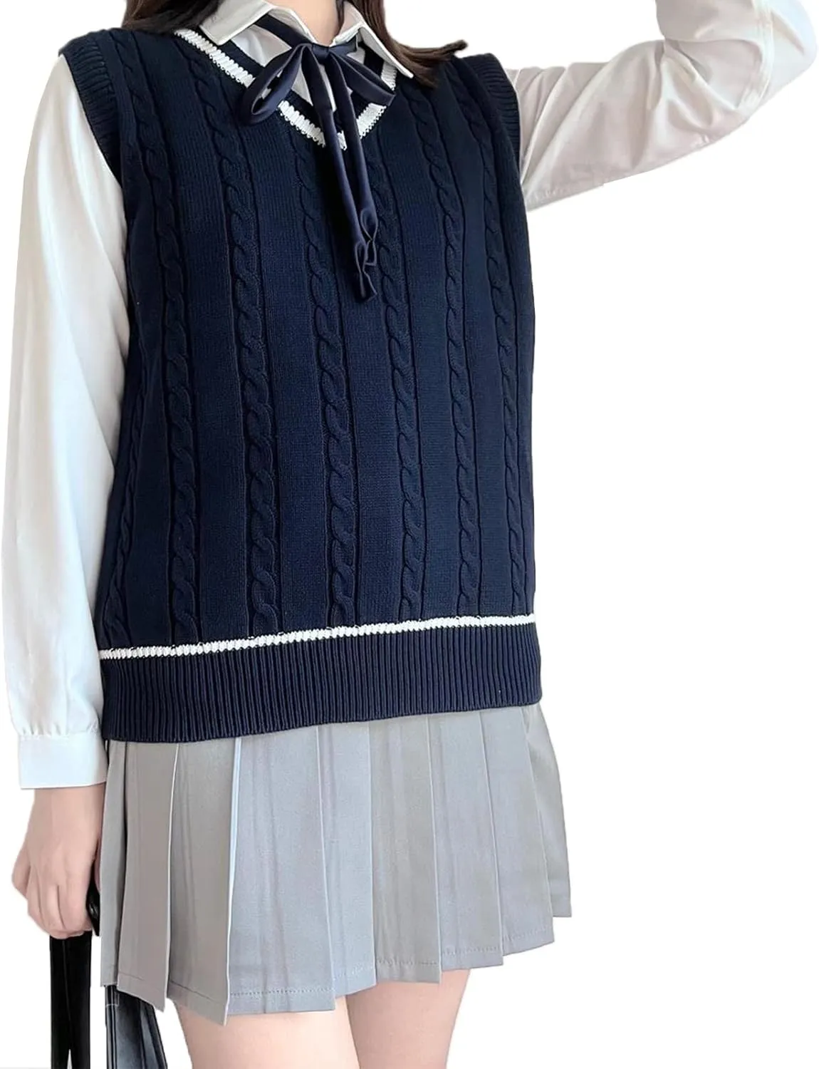 Blostirno Womens Sweater Vest V Neck JK Uniform Kint Vests Solid Classic Sleeveless Pullover Sweaters Tops