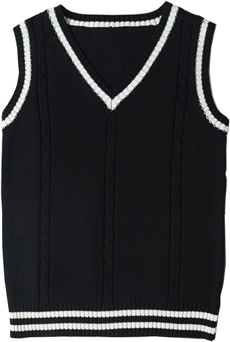 Blostirno Womens Sweater Vest V Neck JK Uniform Kint Vests Solid Classic Sleeveless Pullover Sweaters Tops