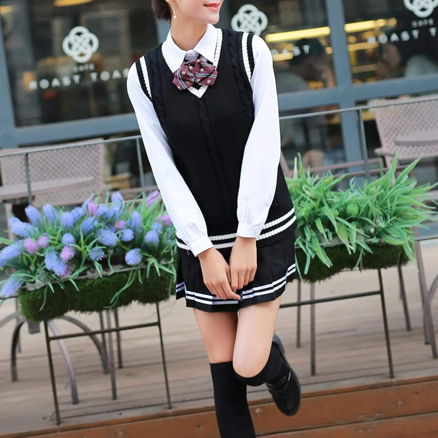 Blostirno Womens Sweater Vest V Neck JK Uniform Kint Vests Solid Classic Sleeveless Pullover Sweaters Tops