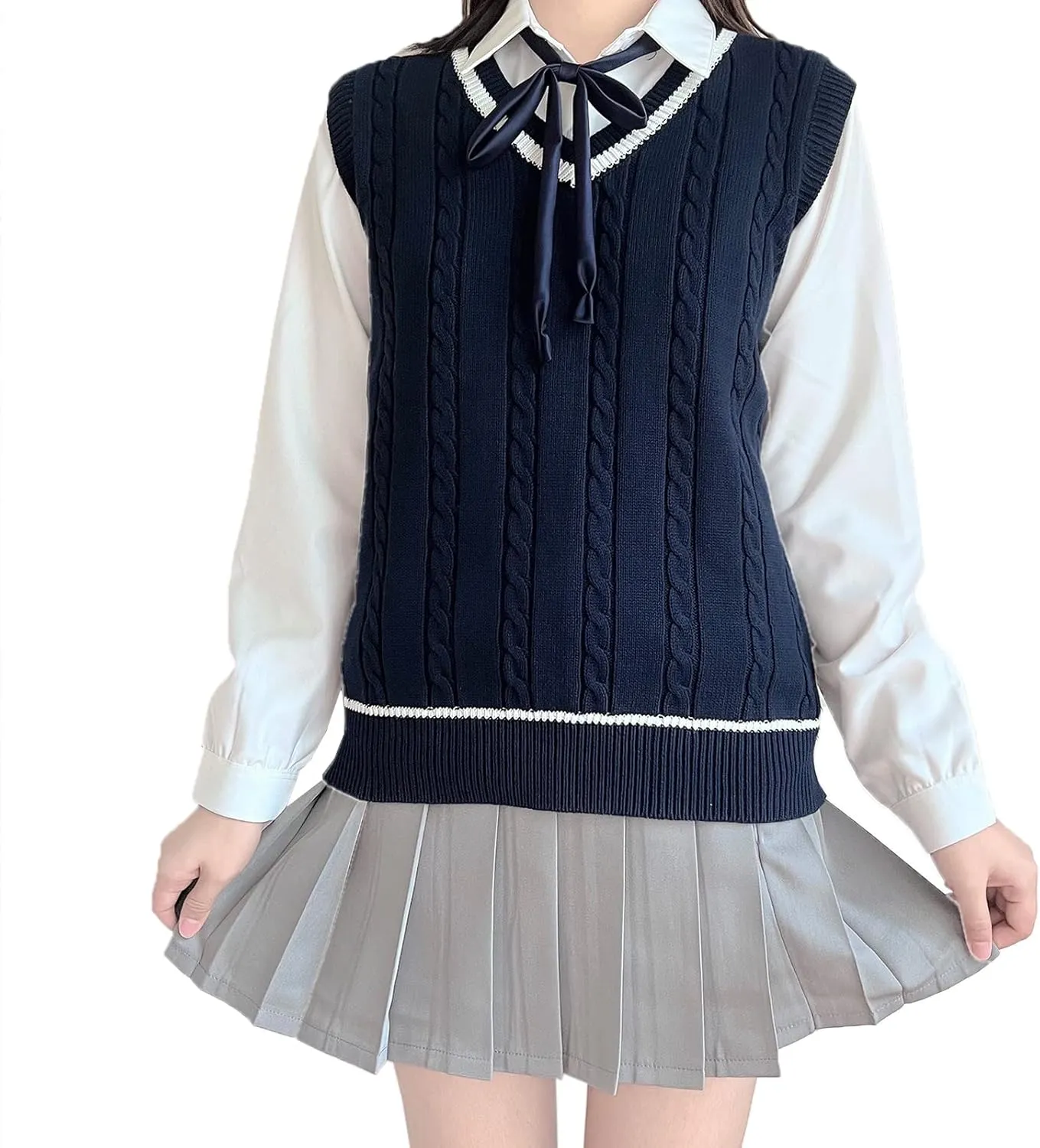 Blostirno Womens Sweater Vest V Neck JK Uniform Kint Vests Solid Classic Sleeveless Pullover Sweaters Tops