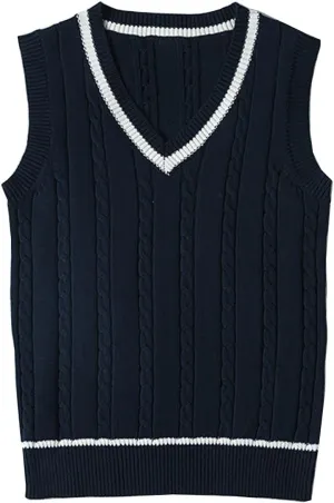 Blostirno Womens Sweater Vest V Neck JK Uniform Kint Vests Solid Classic Sleeveless Pullover Sweaters Tops