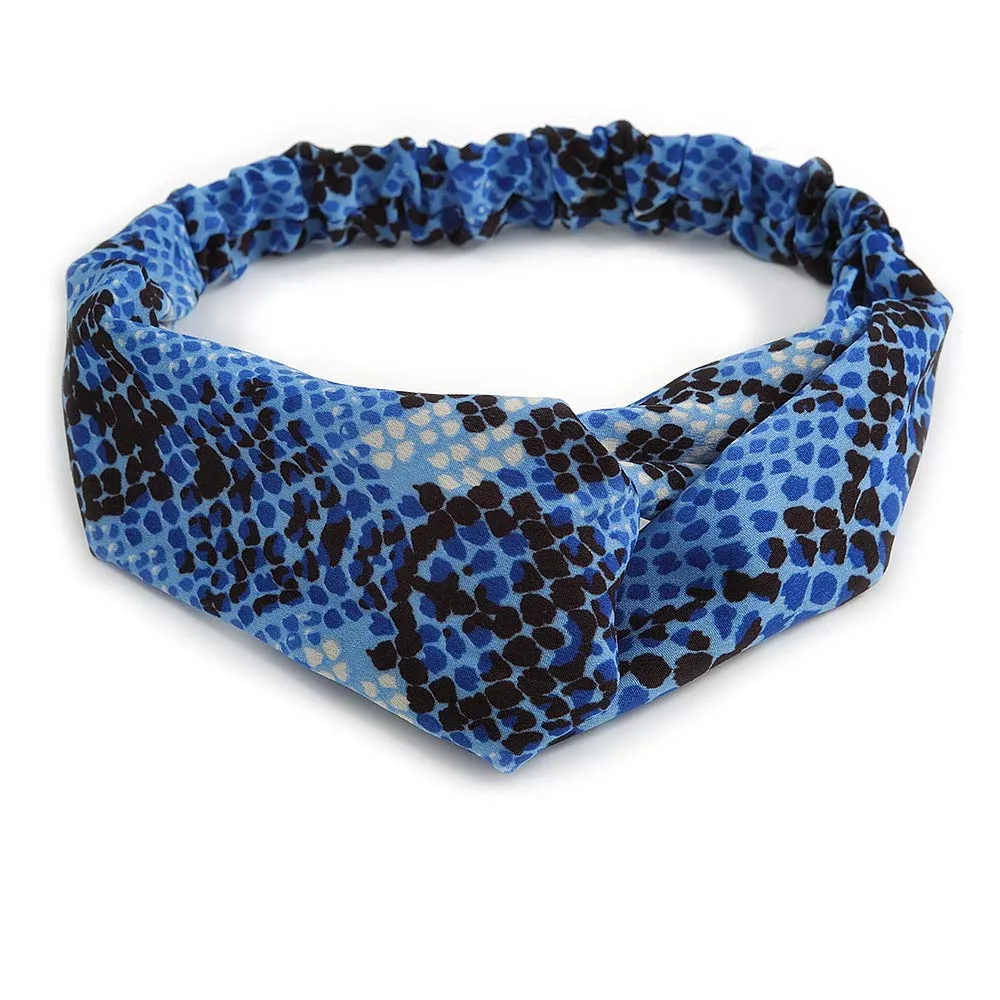 Blue/Black Snake Print Twisted Fabric Elastic Headband/Headwrap
