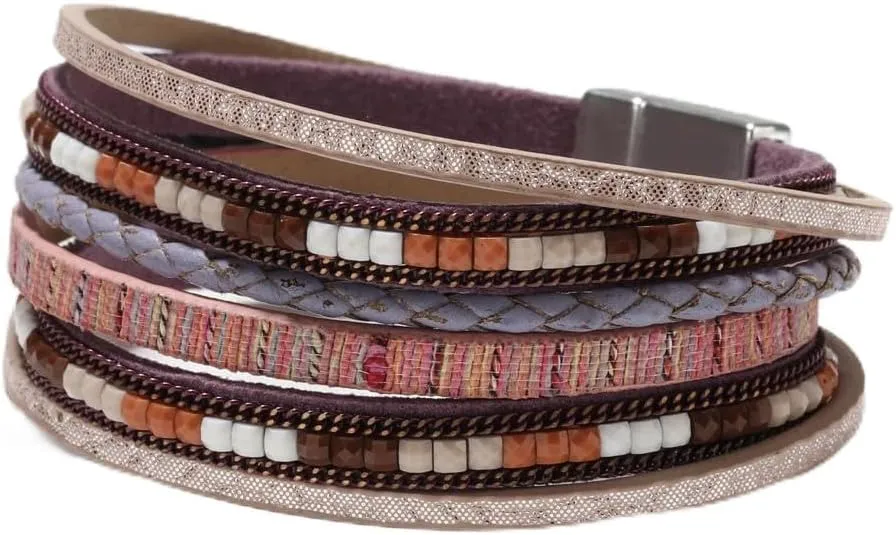 Boho Leopard Multi-Layer Crystal Beads Cuff Bracelet Jewelry,Leather Wrap Bracelets for Women