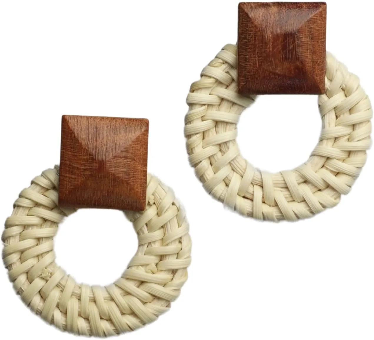 Boho Wood and Straw Earrings  Lightweight Round Woven Stud Earrings for Women  Natural Brown and Beige Hypoallergenic Earrings  Minimalist Rustic Style - -