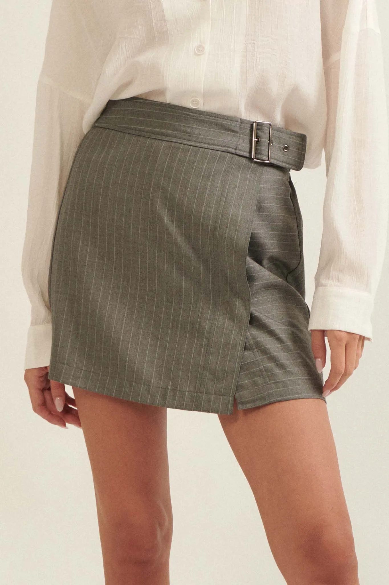 Boss Babe Pinstripe Belted Wrap Mini Skirt