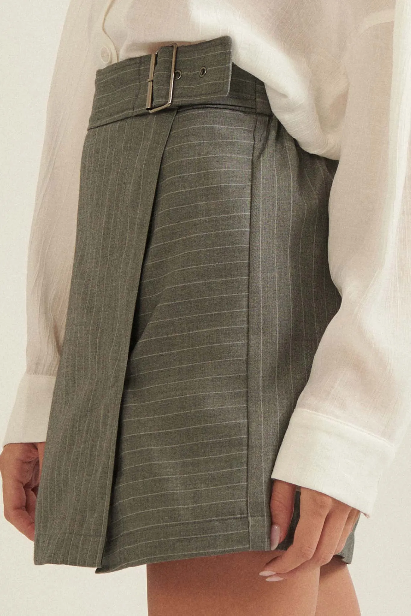 Boss Babe Pinstripe Belted Wrap Mini Skirt