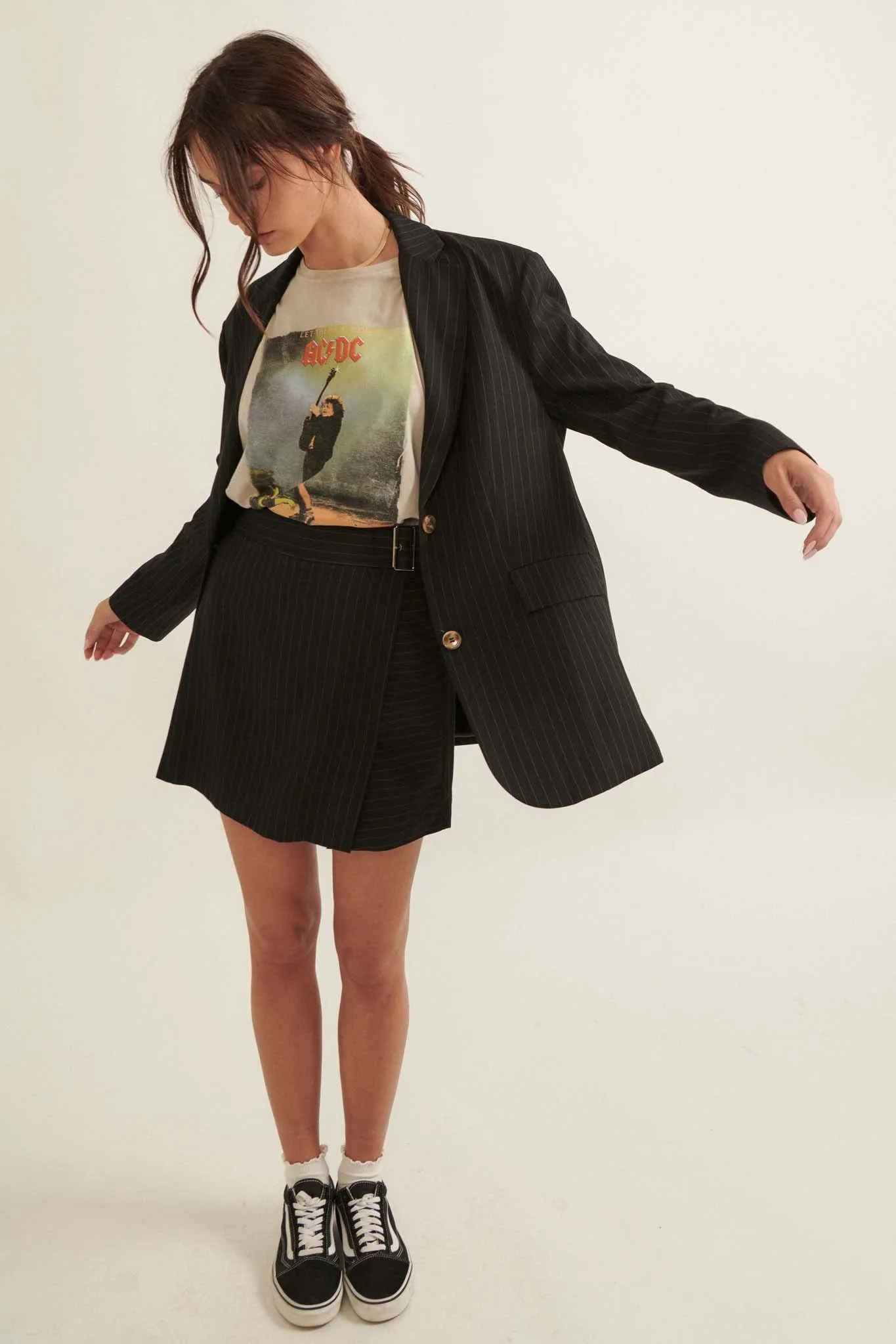 Boss Babe Pinstripe Belted Wrap Mini Skirt