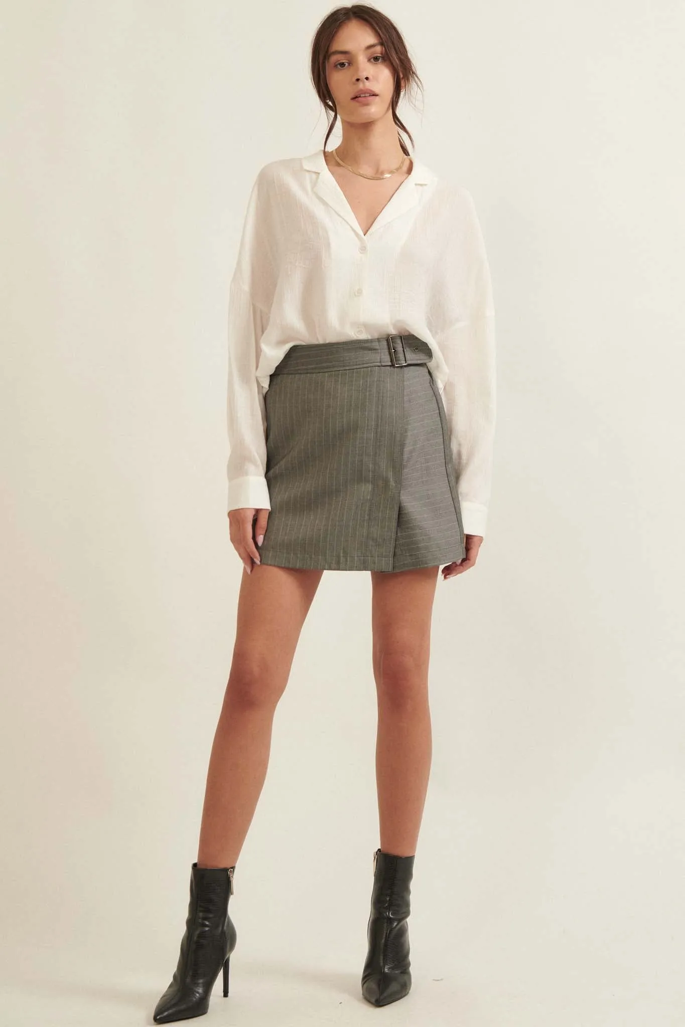 Boss Babe Pinstripe Belted Wrap Mini Skirt