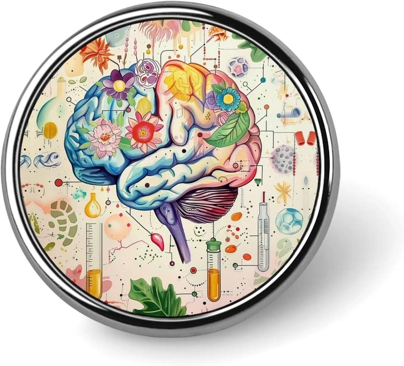 Brain Experiment Pattern Round Brooch Pin Badge Lapel Tie Pin for Women Men Office Worker Teacher Decor