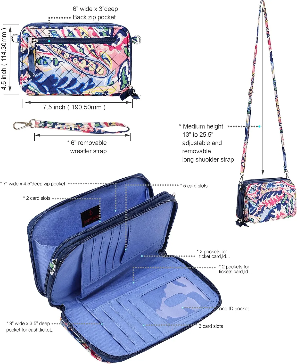 Brentano Cotton quilted double-zipper crossbody wallet purse and clutch
