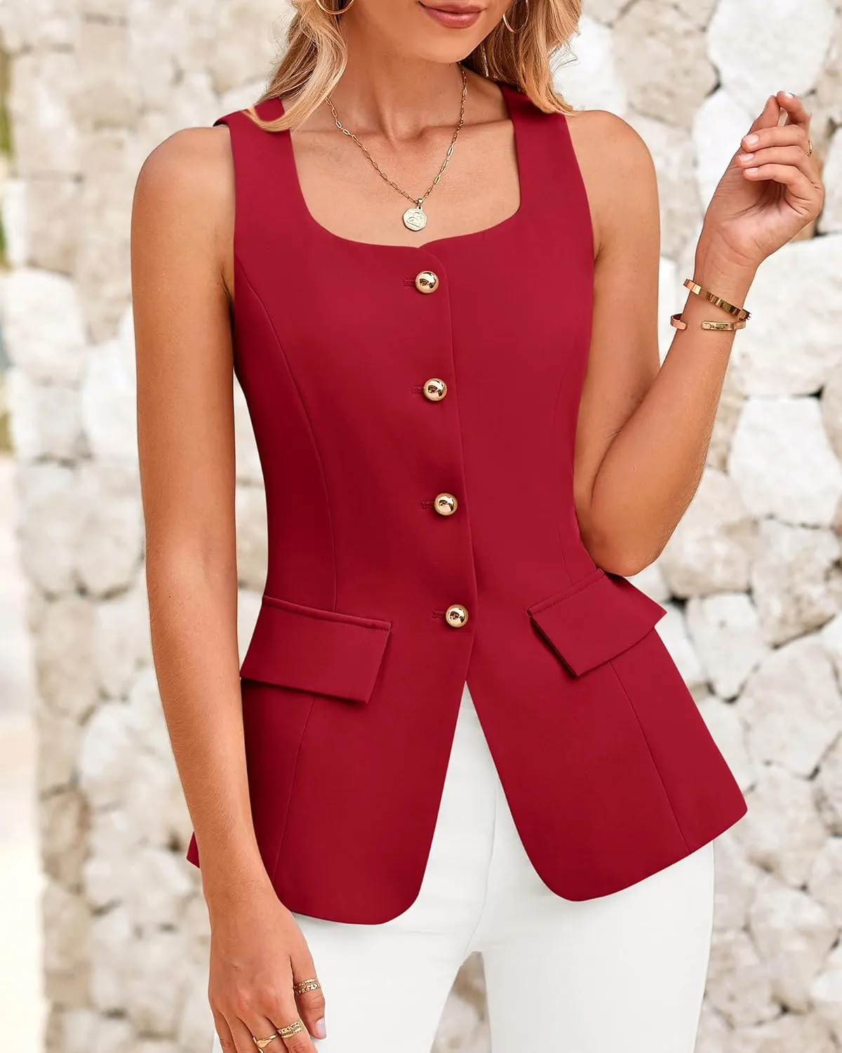 BTFBM Womens Sleeveless Suit Vests Dressy Casual Square Neck Business Work Waistcoat Summer Button Up Blazer Vest Tops