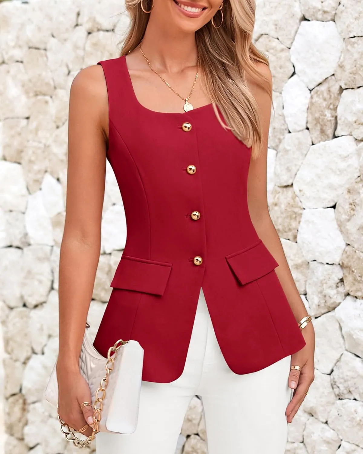 BTFBM Womens Sleeveless Suit Vests Dressy Casual Square Neck Business Work Waistcoat Summer Button Up Blazer Vest Tops