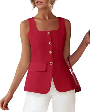 BTFBM Womens Sleeveless Suit Vests Dressy Casual Square Neck Business Work Waistcoat Summer Button Up Blazer Vest Tops