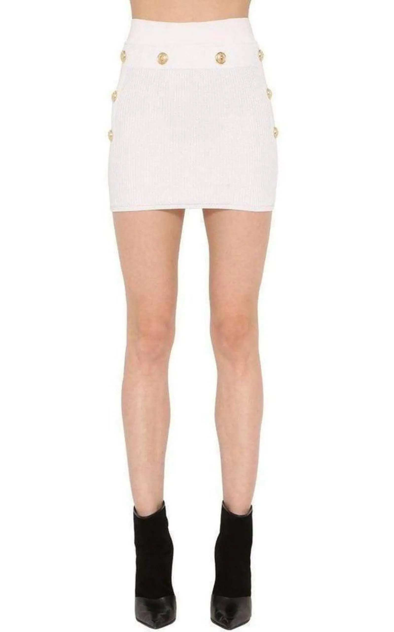 Button-Embellished Ribbed Stretch-knit Mini Skirt