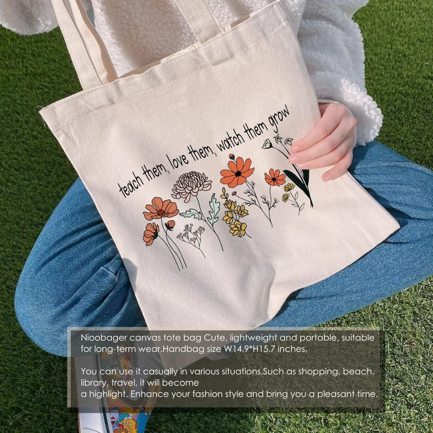 Canvas Tote Bags Teacher Appreciation Gifts Aesthetic Travel Beach Bag Cute Reusable Grocery Shopping Bag