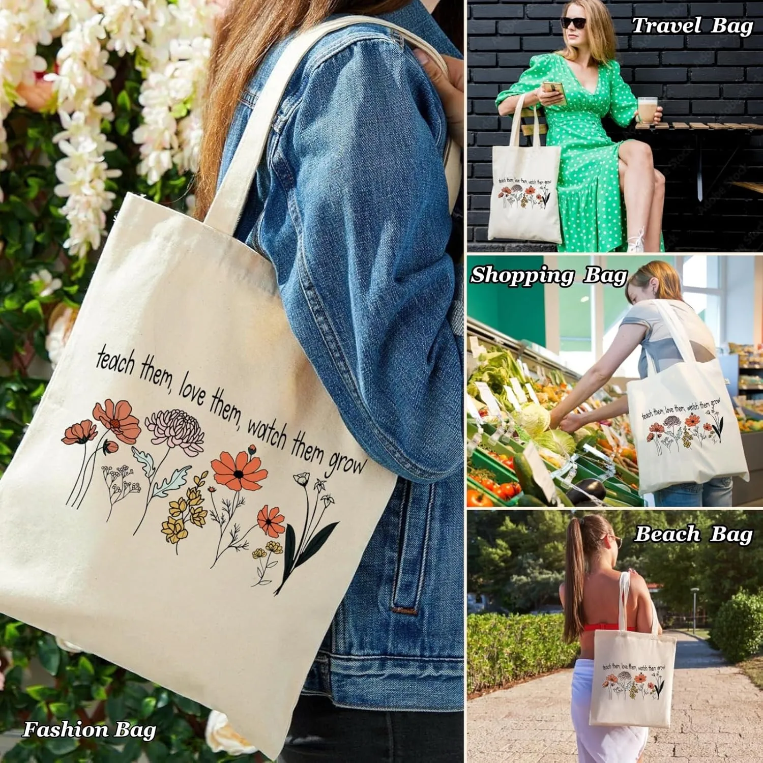 Canvas Tote Bags Teacher Appreciation Gifts Aesthetic Travel Beach Bag Cute Reusable Grocery Shopping Bag