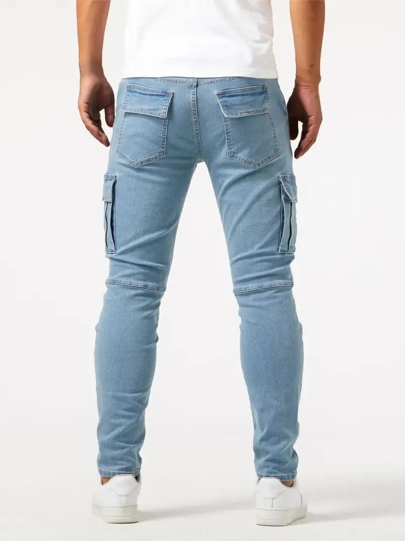 Cargo Jeans for Men Slim Fit Stretch Jeans Distressed Skinny Jeans Fashion Comfort Flex Waist Pants with Multi Pockets
