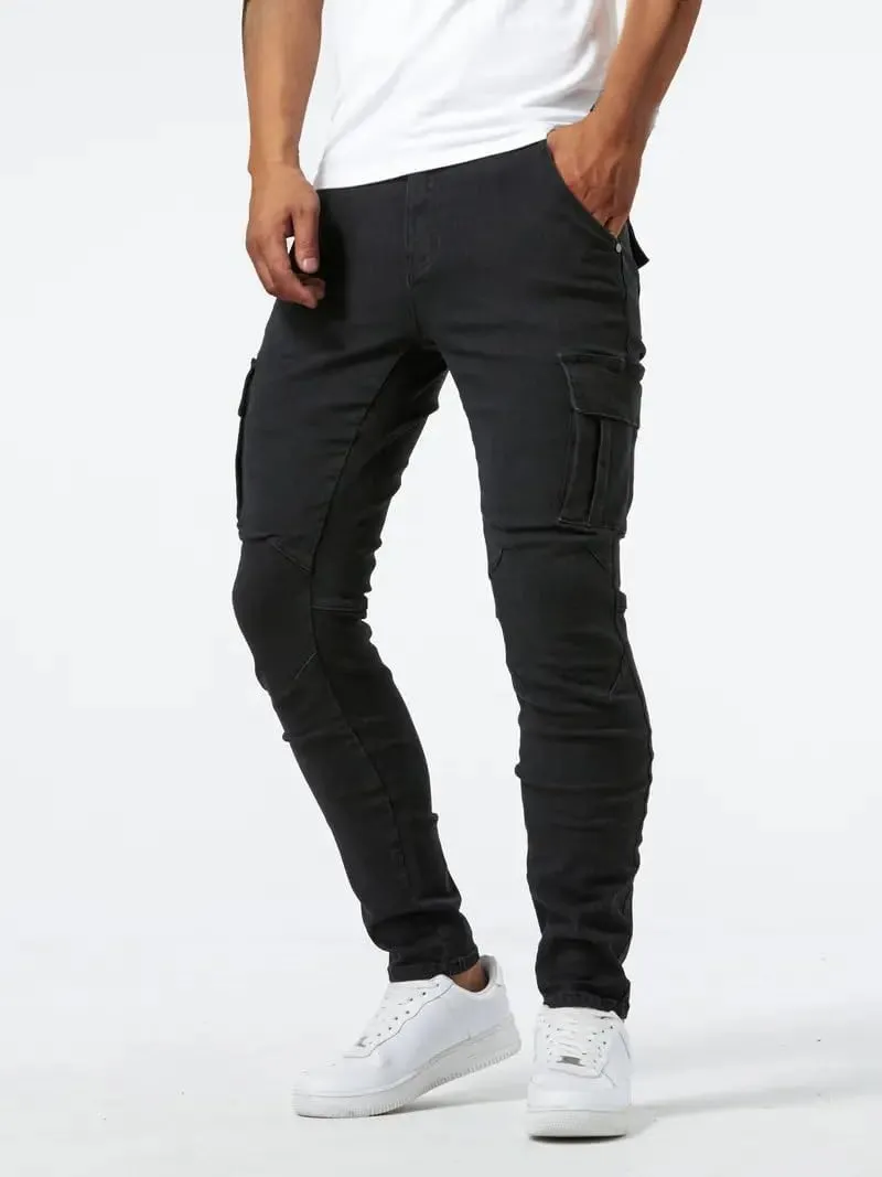 Cargo Jeans for Men Slim Fit Stretch Jeans Distressed Skinny Jeans Fashion Comfort Flex Waist Pants with Multi Pockets
