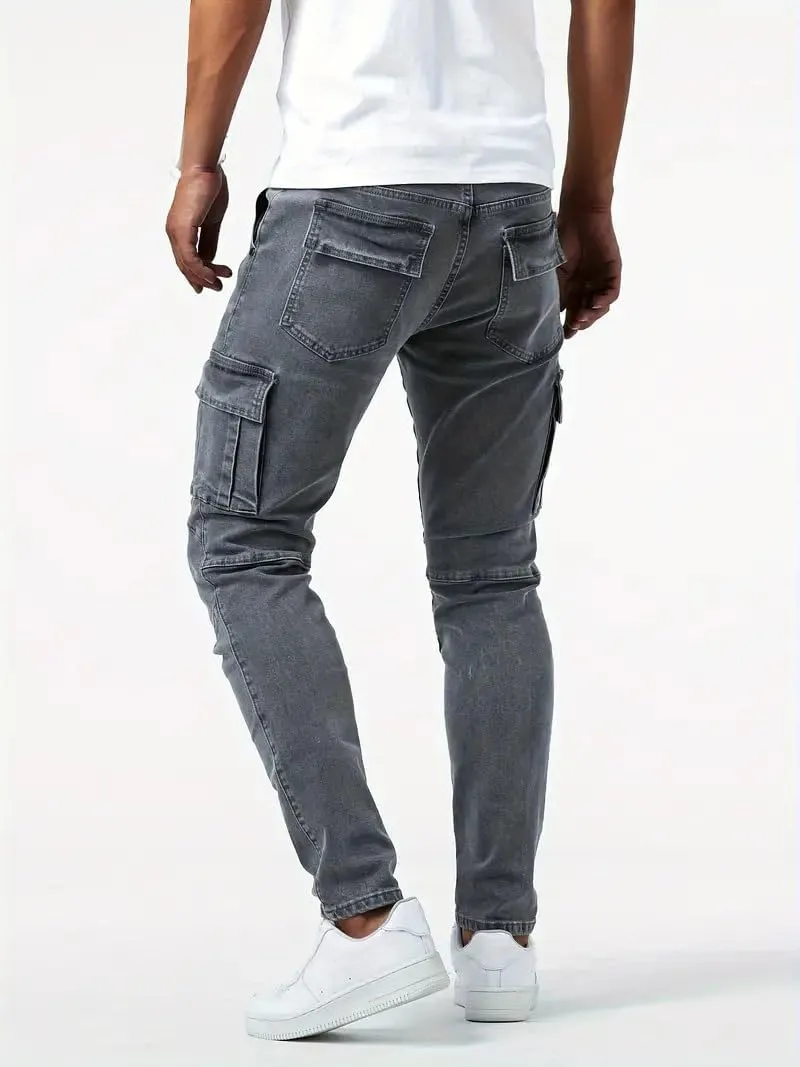 Cargo Jeans for Men Slim Fit Stretch Jeans Distressed Skinny Jeans Fashion Comfort Flex Waist Pants with Multi Pockets