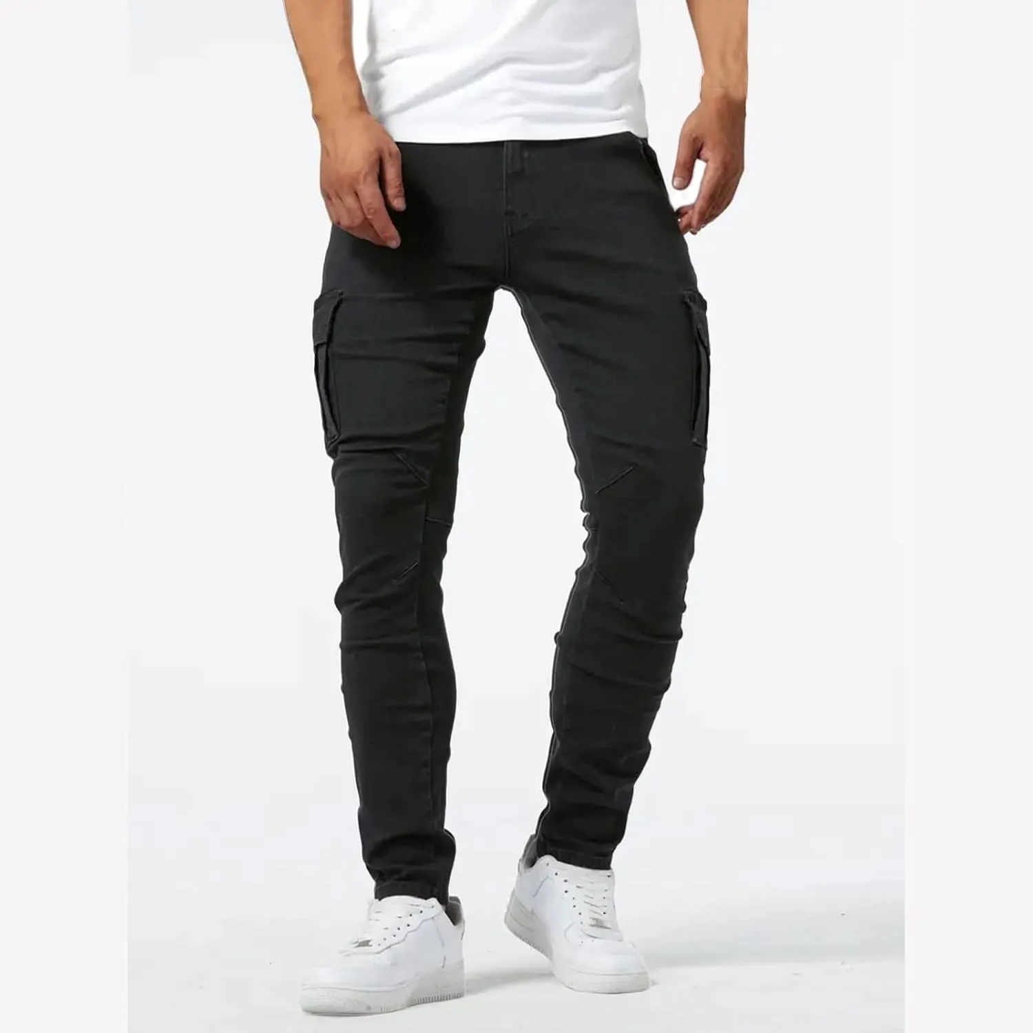 Cargo Jeans for Men Slim Fit Stretch Jeans Distressed Skinny Jeans Fashion Comfort Flex Waist Pants with Multi Pockets