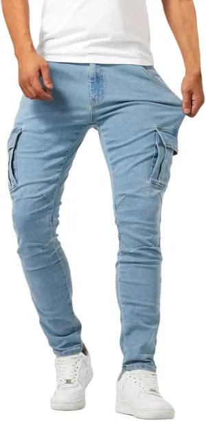 Cargo Jeans for Men Slim Fit Stretch Jeans Distressed Skinny Jeans Fashion Comfort Flex Waist Pants with Multi Pockets