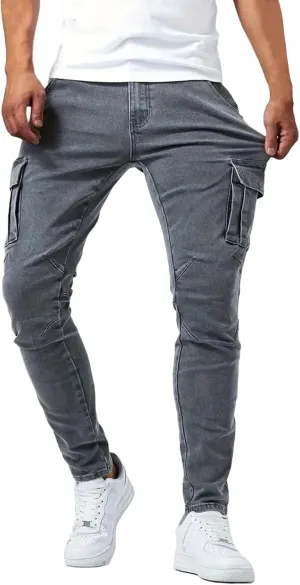 Cargo Jeans for Men Slim Fit Stretch Jeans Distressed Skinny Jeans Fashion Comfort Flex Waist Pants with Multi Pockets