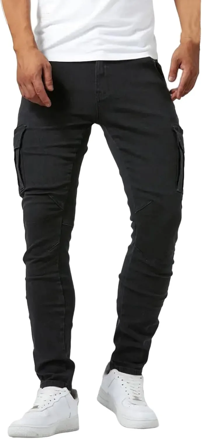 Cargo Jeans for Men Slim Fit Stretch Jeans Distressed Skinny Jeans Fashion Comfort Flex Waist Pants with Multi Pockets