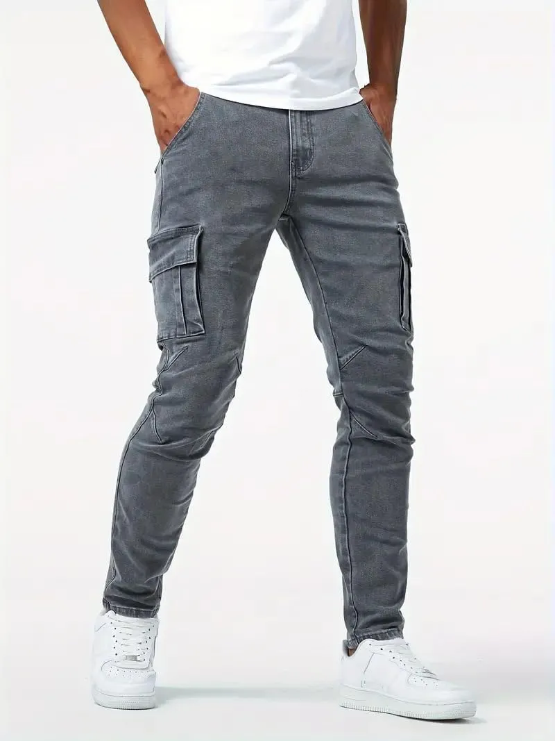 Cargo Jeans for Men Slim Fit Stretch Jeans Distressed Skinny Jeans Fashion Comfort Flex Waist Pants with Multi Pockets
