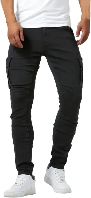 Cargo Jeans for Men Slim Fit Stretch Jeans Distressed Skinny Jeans Fashion Comfort Flex Waist Pants with Multi Pockets