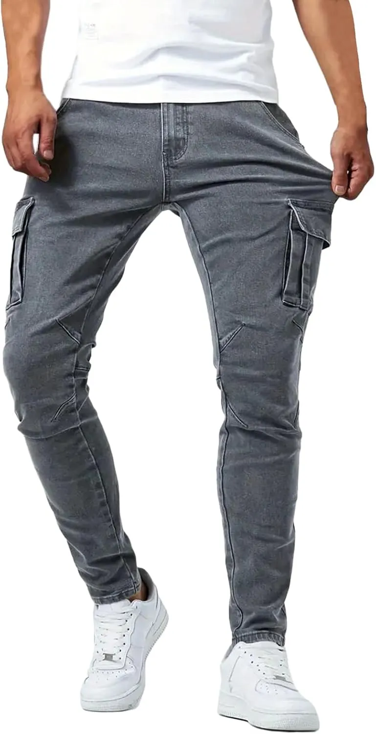 Cargo Jeans for Men Slim Fit Stretch Jeans Distressed Skinny Jeans Fashion Comfort Flex Waist Pants with Multi Pockets