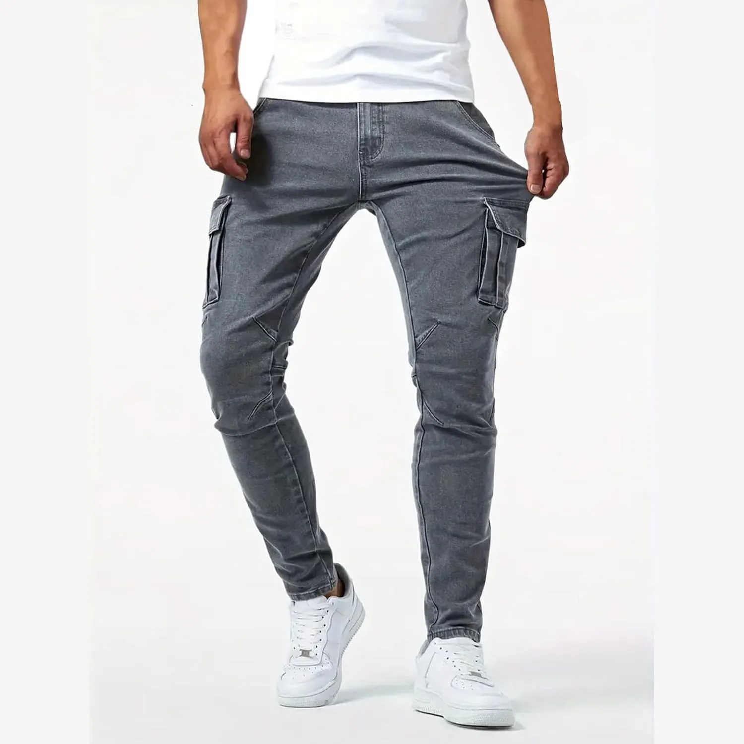 Cargo Jeans for Men Slim Fit Stretch Jeans Distressed Skinny Jeans Fashion Comfort Flex Waist Pants with Multi Pockets