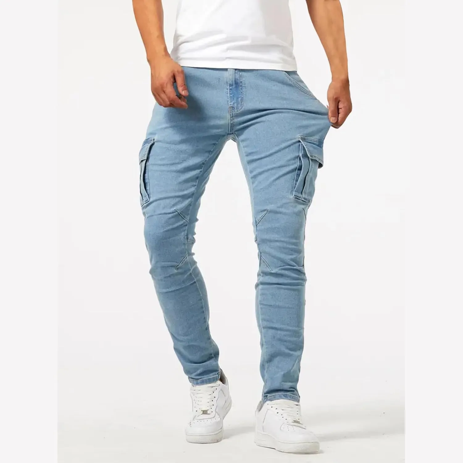 Cargo Jeans for Men Slim Fit Stretch Jeans Distressed Skinny Jeans Fashion Comfort Flex Waist Pants with Multi Pockets