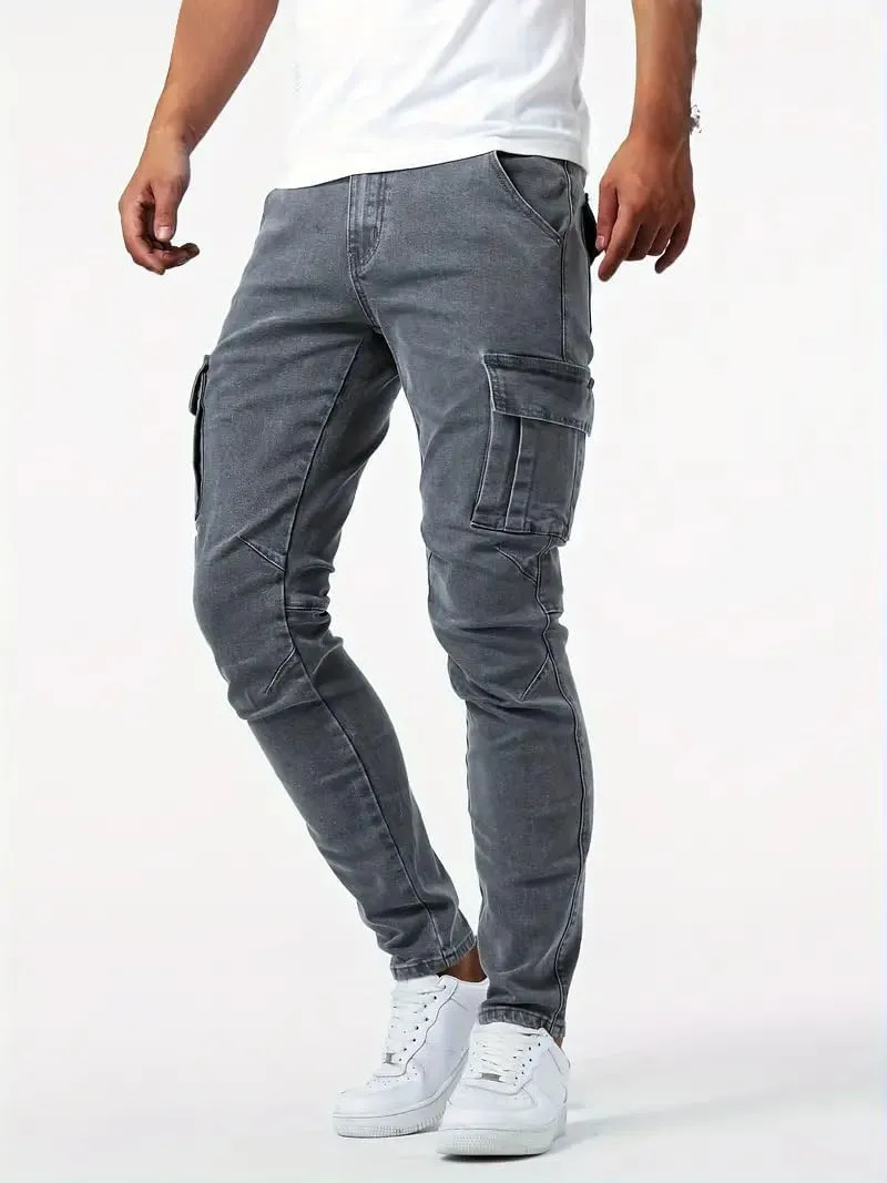 Cargo Jeans for Men Slim Fit Stretch Jeans Distressed Skinny Jeans Fashion Comfort Flex Waist Pants with Multi Pockets