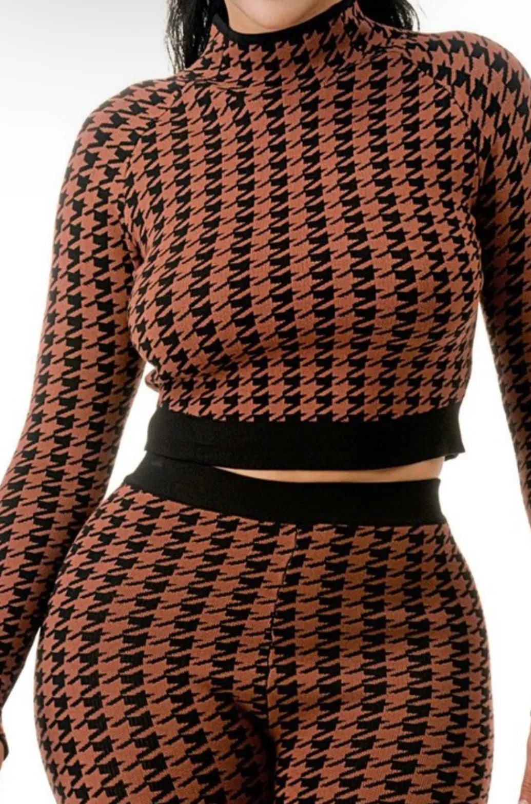 Catching Looks Rust/Black 2-Piece Long Sleeve Fitted Crop Top Knit Sweater Shirt & Fitted Knit Leggings Houndstooth Set