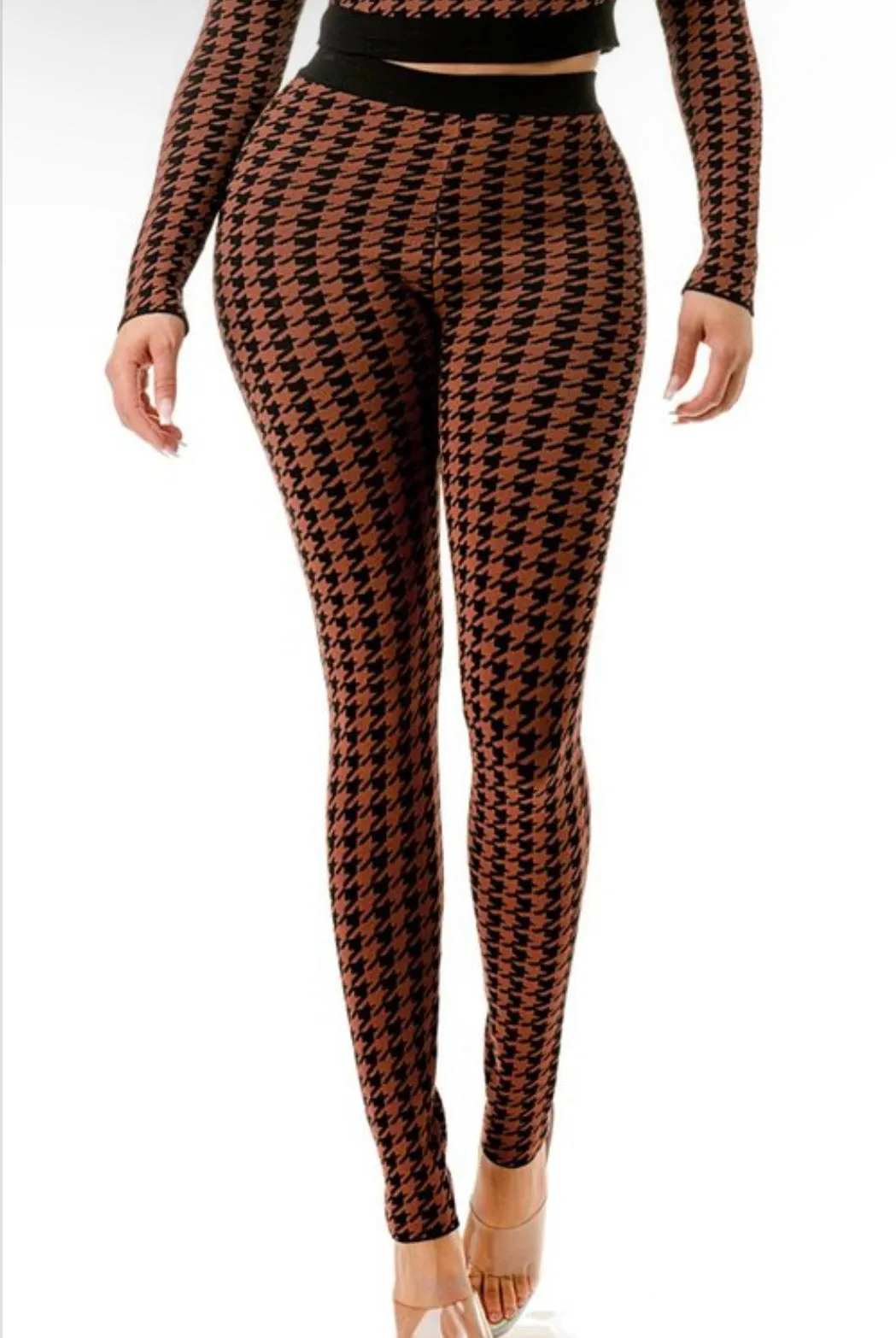 Catching Looks Rust/Black 2-Piece Long Sleeve Fitted Crop Top Knit Sweater Shirt & Fitted Knit Leggings Houndstooth Set