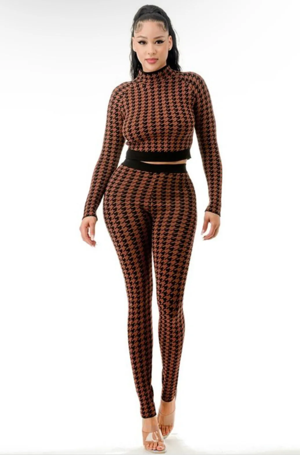 Catching Looks Rust/Black 2-Piece Long Sleeve Fitted Crop Top Knit Sweater Shirt & Fitted Knit Leggings Houndstooth Set