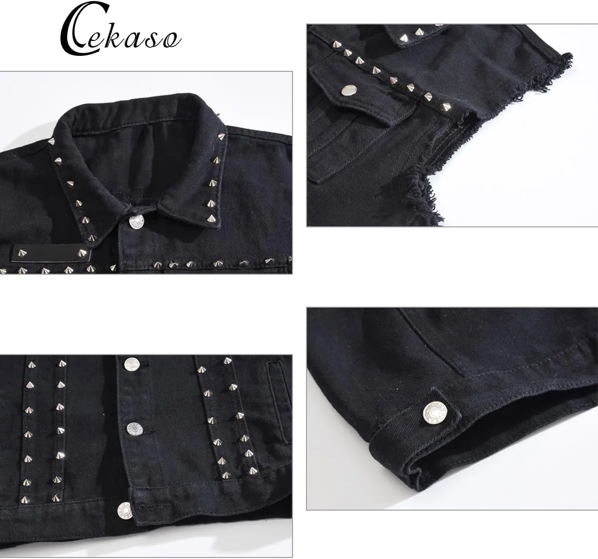 Cekaso Men's Denim Vest Sleeveless Jacket Punk Rock Jean Vest Casual Outerwear Vests with Rivets