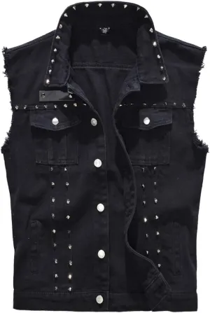 Cekaso Men's Denim Vest Sleeveless Jacket Punk Rock Jean Vest Casual Outerwear Vests with Rivets