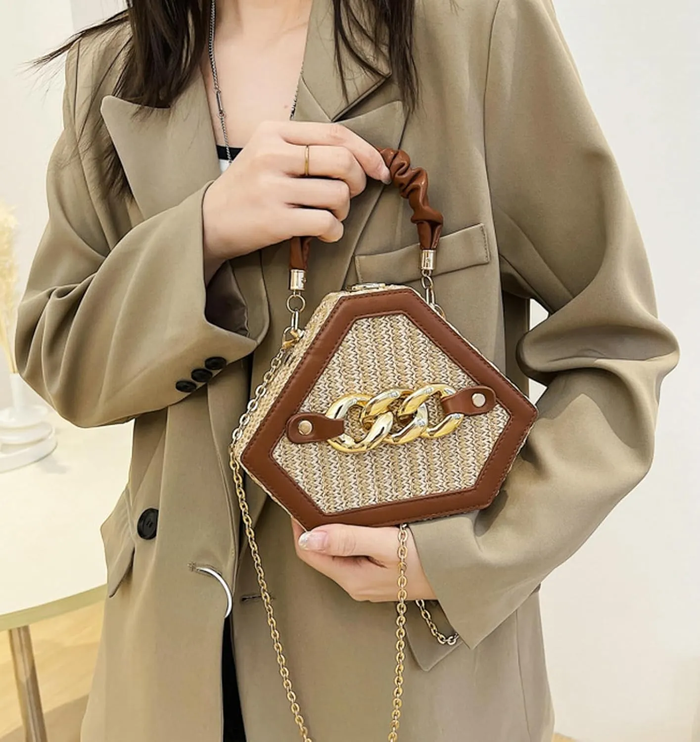 Chain Woven Crossbody Bag Versatile Box Handbag PU Top Handle Chain Strap Mini Satchel Women 2024 Trendy Shoulder