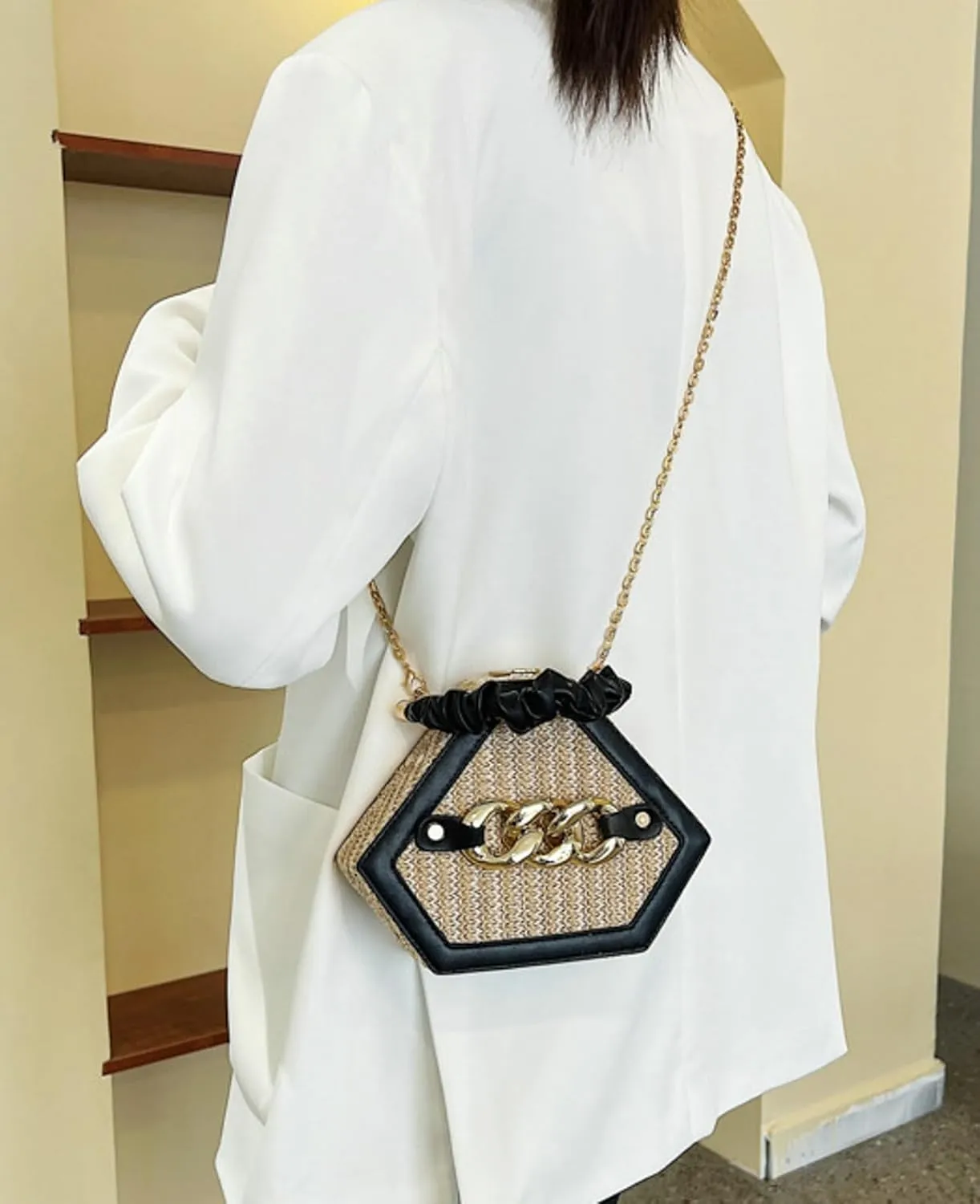 Chain Woven Crossbody Bag Versatile Box Handbag PU Top Handle Chain Strap Mini Satchel Women 2024 Trendy Shoulder