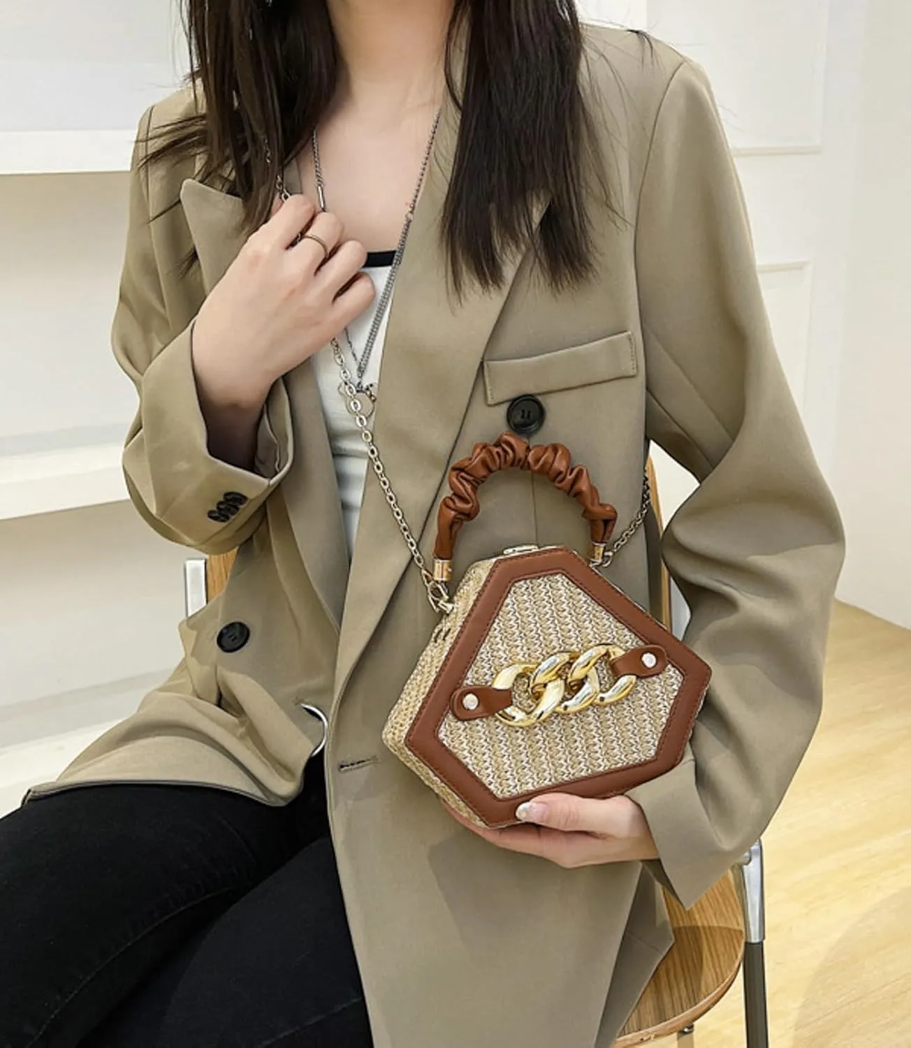 Chain Woven Crossbody Bag Versatile Box Handbag PU Top Handle Chain Strap Mini Satchel Women 2024 Trendy Shoulder