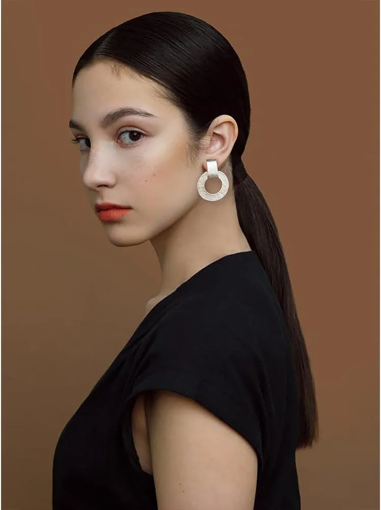 CLASSYZINT Matte Gold Dangle Earrings For Women, Hammered Round Square Heart Charms Gold Statement Retro Earrings | Gold Silver