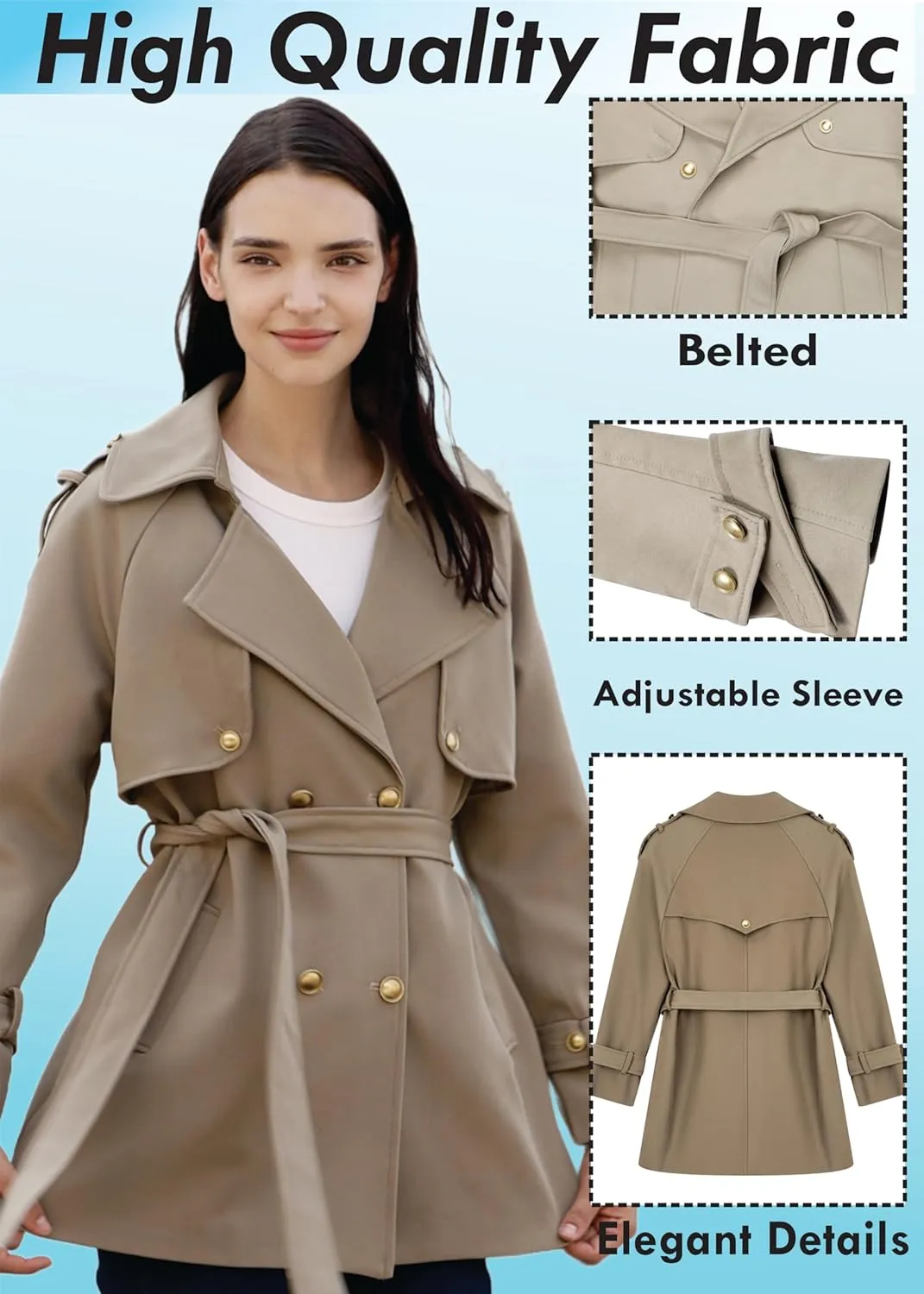 CLIPART Women's Double-Breasted Belted Trench Coat, Golden buttons,3 Colors,Spring, Fall,Trendy, Chic Casual,Water Resistant