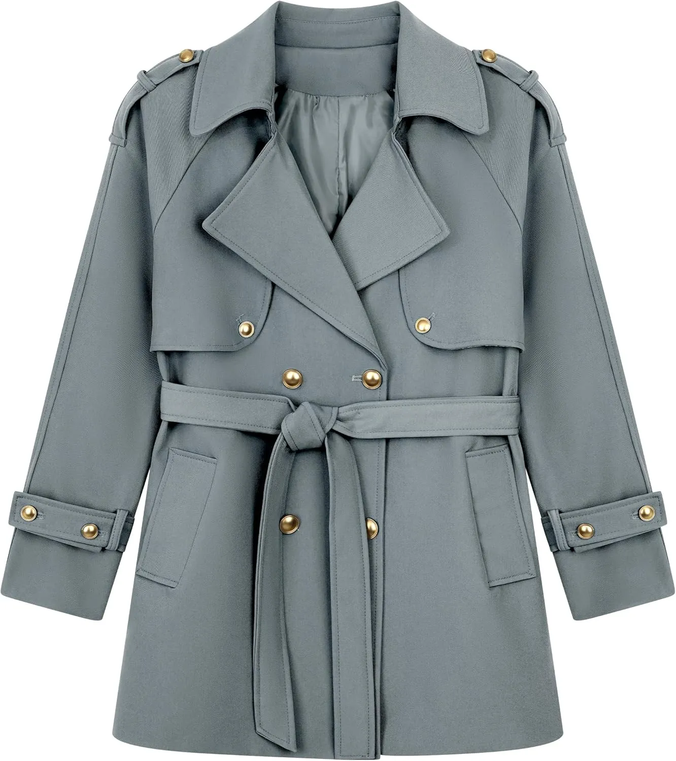CLIPART Women's Double-Breasted Belted Trench Coat, Golden buttons,3 Colors,Spring, Fall,Trendy, Chic Casual,Water Resistant