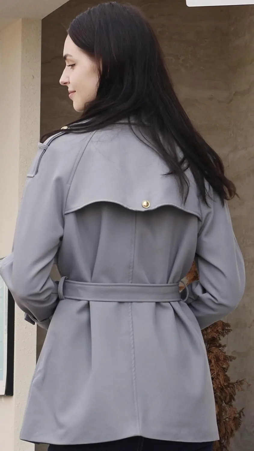 CLIPART Women's Double-Breasted Belted Trench Coat, Golden buttons,3 Colors,Spring, Fall,Trendy, Chic Casual,Water Resistant