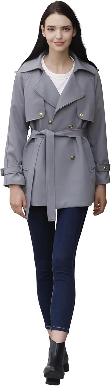 CLIPART Women's Double-Breasted Belted Trench Coat, Golden buttons,3 Colors,Spring, Fall,Trendy, Chic Casual,Water Resistant