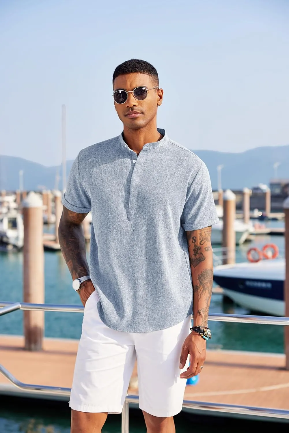 COOFANDY Men's Linen Henley Shirt Short Sleeve Casual Summer Beach Hippie T Shirts